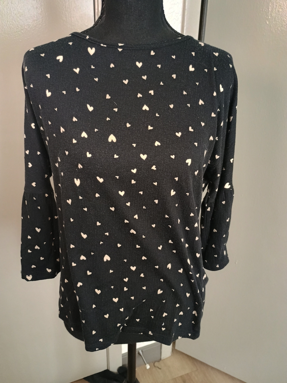 Lauren Conrad Heart Print Tie Neck Blouse Black & Pink Medium